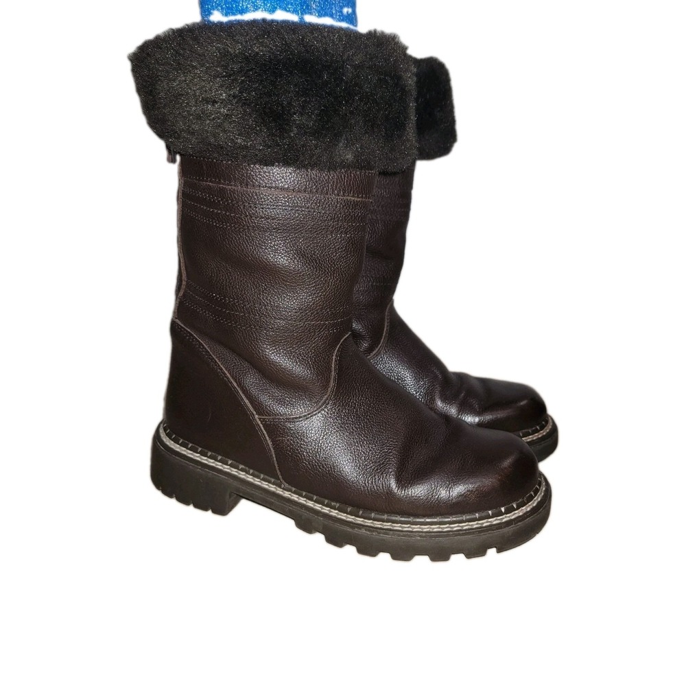 Bass Torino Women's Brown Leather Boots Size 7 M Faux Fur Zip Mid Calf Winter